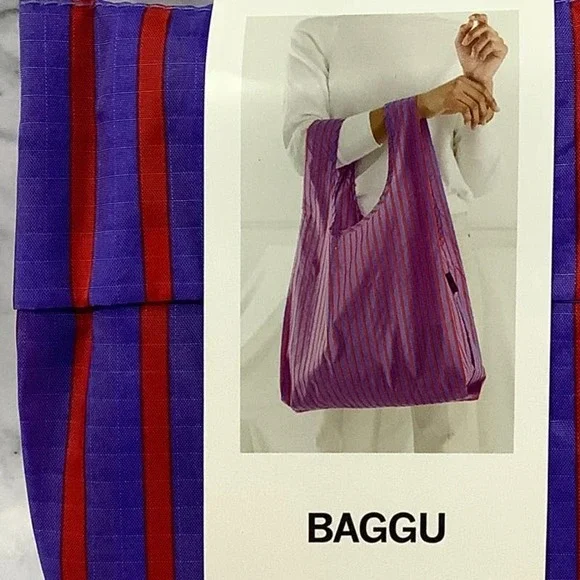 NEW! Baggu Standard Optic Stripe Shopping Bag Reusable Red Purple Stripe J7-7 - Picture 5 of 7